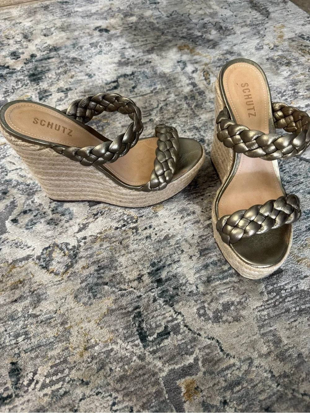 SCHUTZ Metallic Braided Espadrille Wedge Sandals - Gold